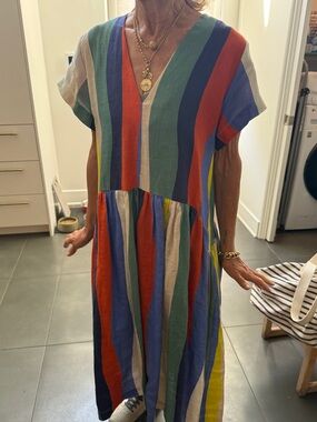 WHIT Multicolor Vertical Stripe V-Neck Maxi Dress in Red, Blue & Green